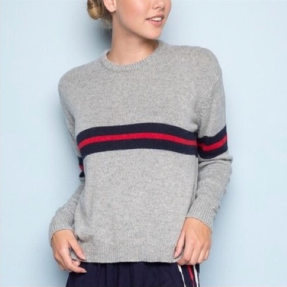 BRANDY MELVILLE Crew Neck Sweater Gray Blue Red Stripe Size OSFA S Small - Picture 1 of 12